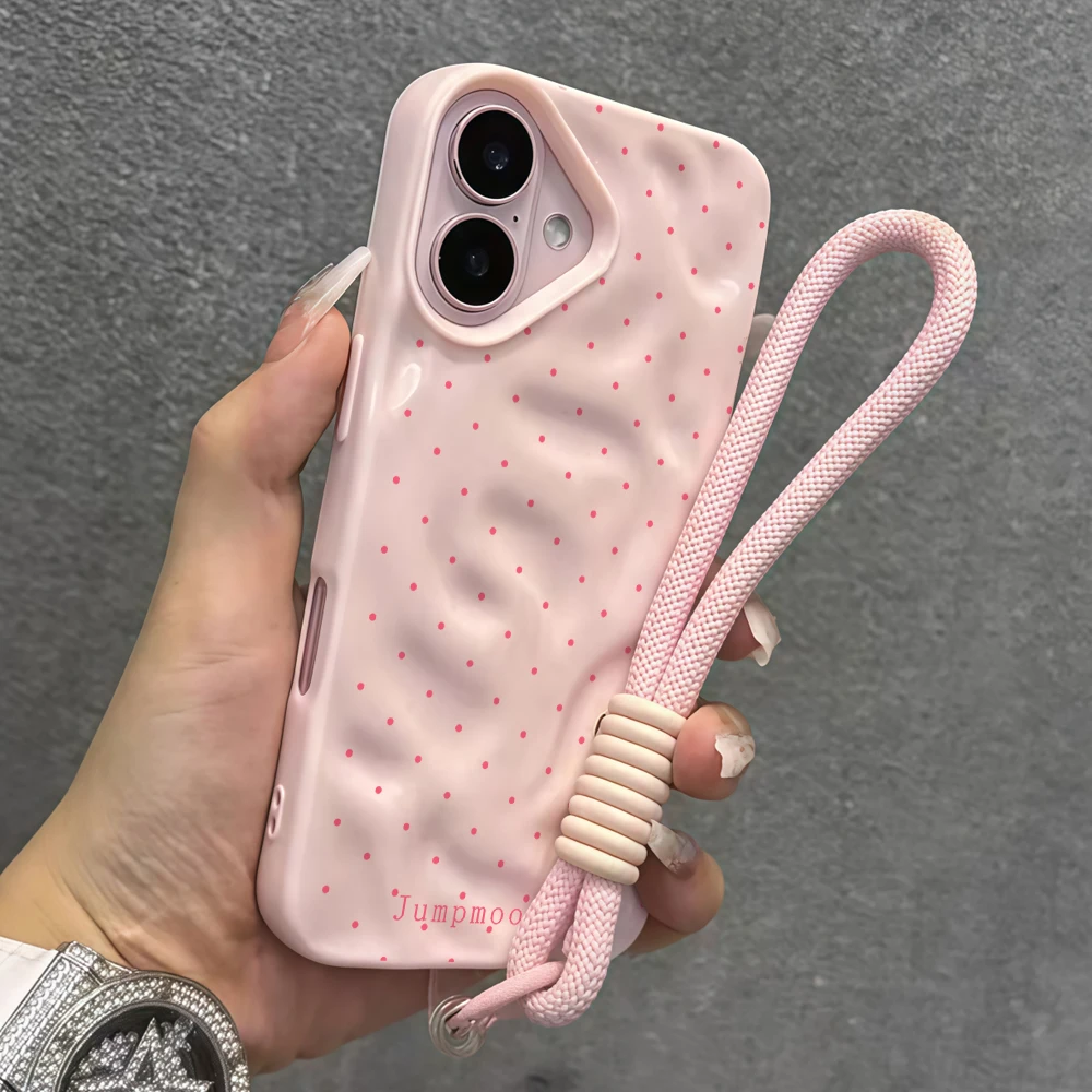 Modische Polka-Dots-Silikon-Handyhülle mit Faltenoptik für iPhone 17 15 13 11 12 14 16 17 Pro Max 14 15 Plus 17Air mit Lanyard-Abdeckung – Detail 8