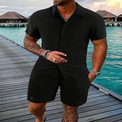 2024 New Casual Striped Short Sleeve Suit Solid Color Loose Short Sleeve Drawstring Shorts Two-Piece Beach Style Suit