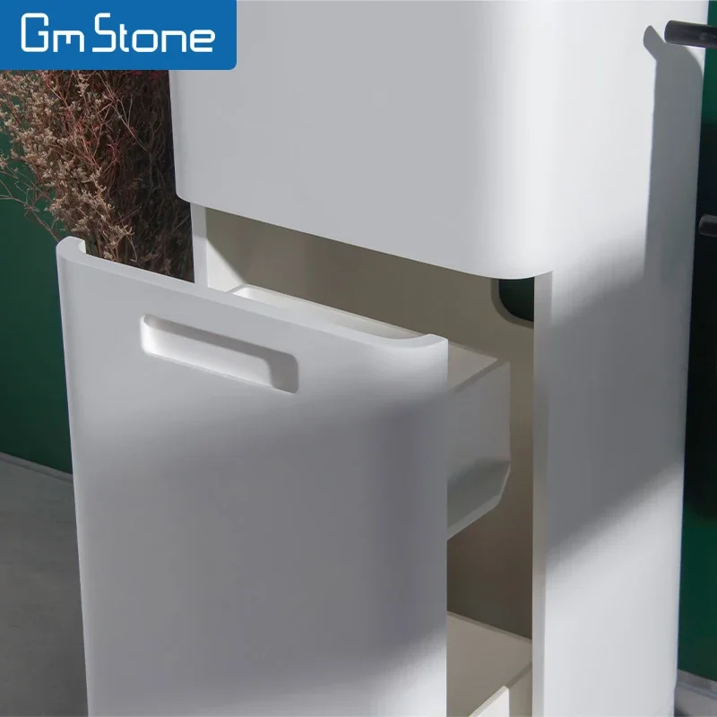 GeMei White One-Piece Free Standing Rectangular Bathroom Sink Artificial Stone Pedestal Wash Basin Solid Surface Countertop