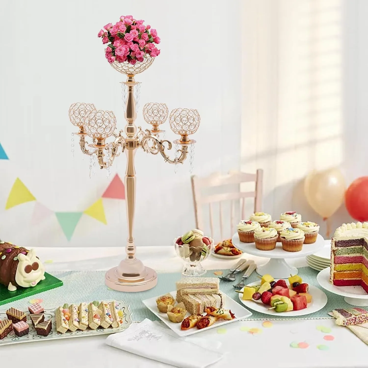 4 شمعدانات كريستالية بذراع مع حامل زهور مزهرية بذراع واحد، حامل شموع طويل 35 بوصة للشمعدانات الزهرية، شمعدانات مزهرية ذهبية Ce #2