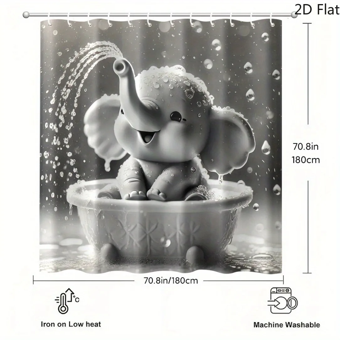 2D Flat, 2D Flat, 2D Flat Shower Curtain, 1pc, Young Elephant Playing in Bathtub Pattern Printed Shower Curtain, 180.34X180.34 c
