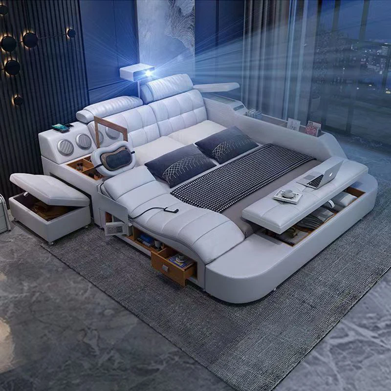 Modern Wooden Frame Multifunctional Double Bed Bedroom Furniture Set Luxury Leather King Size Smart Bed With Massage Projector