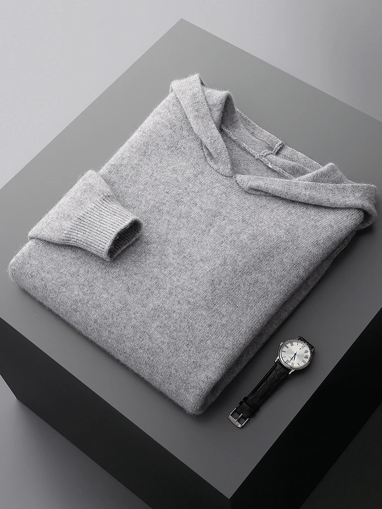 

TLOML Autumn Winter Men's 100% Cashmere Sweater Thick Hooded Pullover Casual Soft Warm Cashmere Knitwear High Quality Comfy Tops