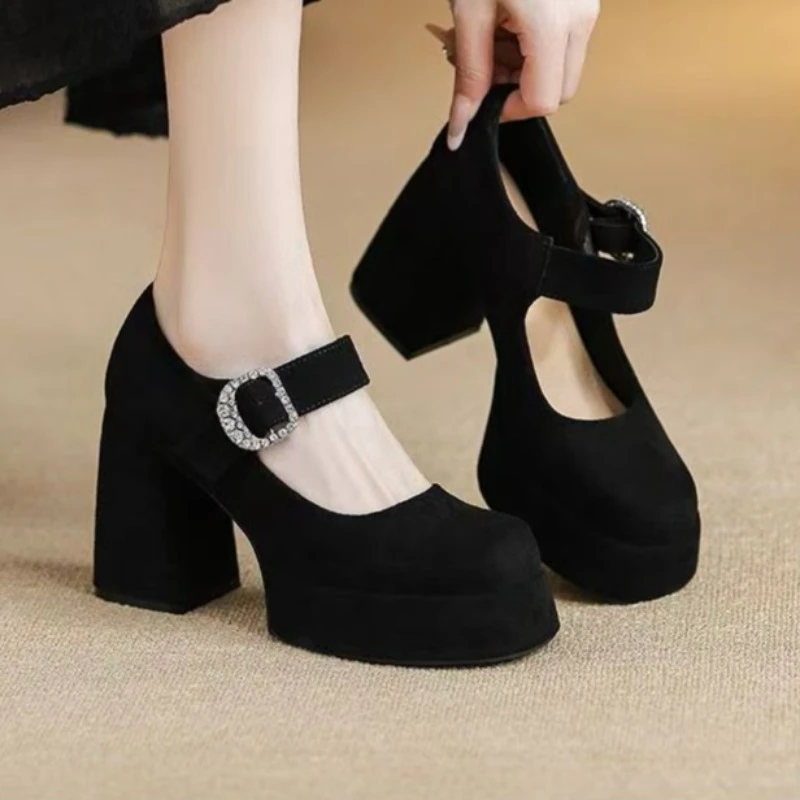 

2025 New Vintage Chunky High Heels Single Shoes Women Suede Round Toe Elegant Thick Soled Buckle Strap Women's Comfortable Shoes