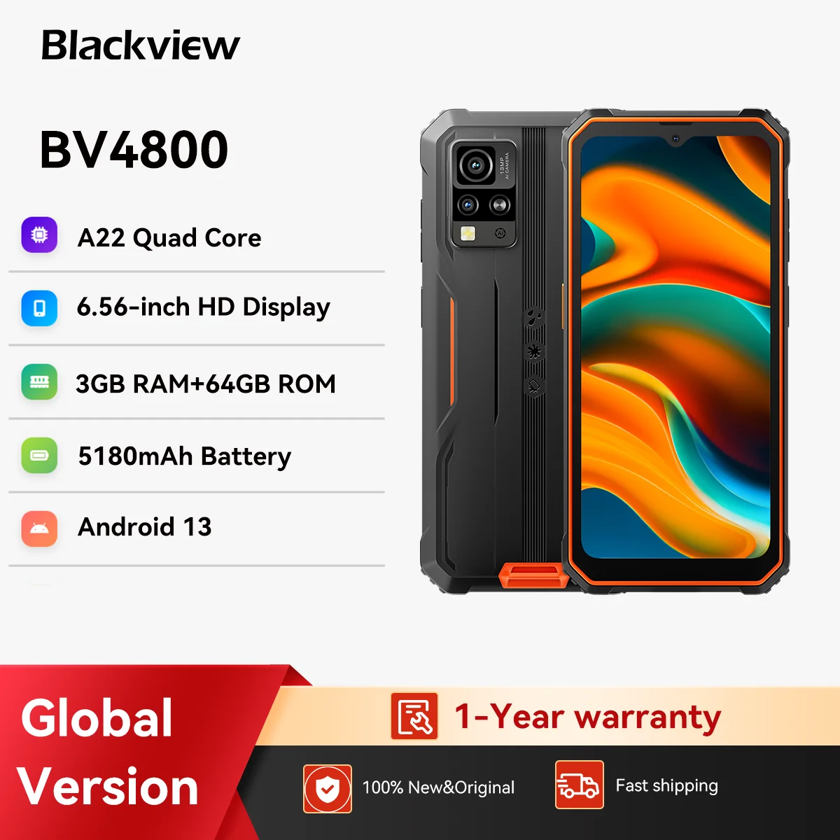 Blackview BV4800 هاتف ذكي متين، شاشة 6.56 بوصة عالية الدقة A22 رباعي النواة، 3 جيجابايت 64 جيجابايت، بطارية 5180 مللي أمبير، كاميرا 13 ميجابكسل، هاتف أندرويد 13