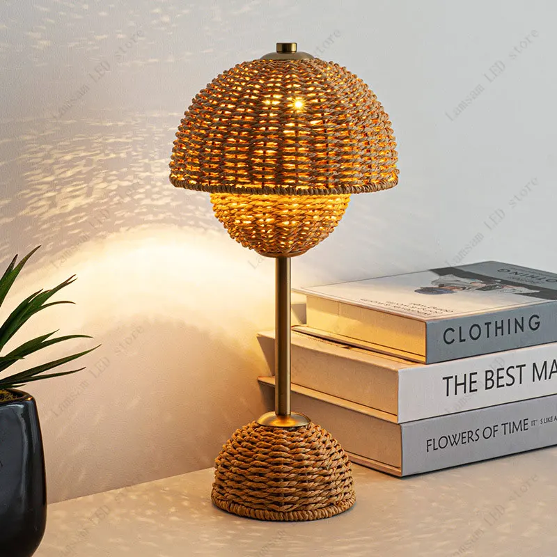 Rattan Flower Bud Lamp USB DC Powered Pastoral LED Desk Light Tricolored Bedside Night Light Living Room Hotel Dining Room