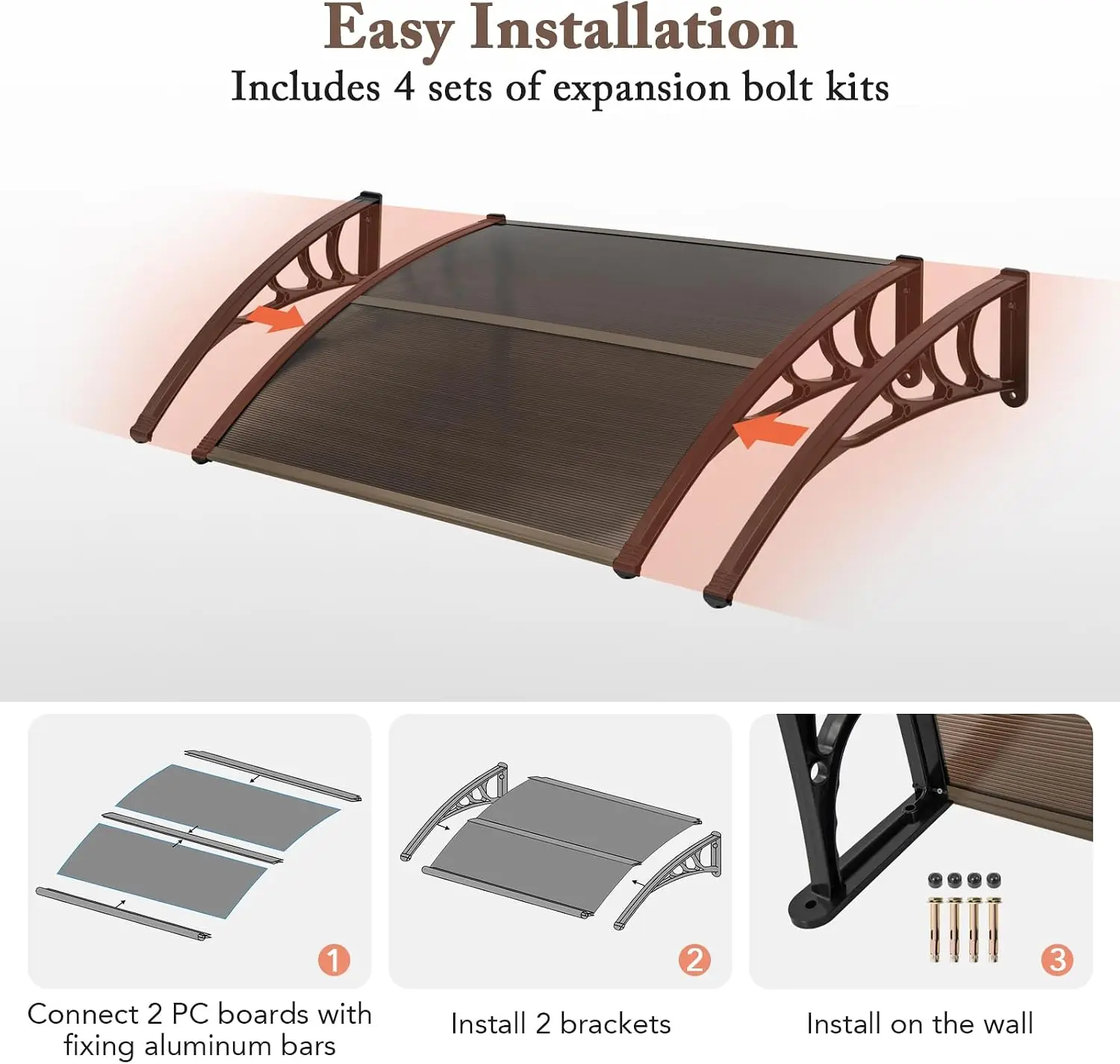 UPF50+ Sun Rain Snow Protection Window Awning Door Canopy with Hollow Polycarbonate Sheet, 48' X 40' Outdoor Front Door Entrance Canopy for Porch Entryway AC Unit view 5