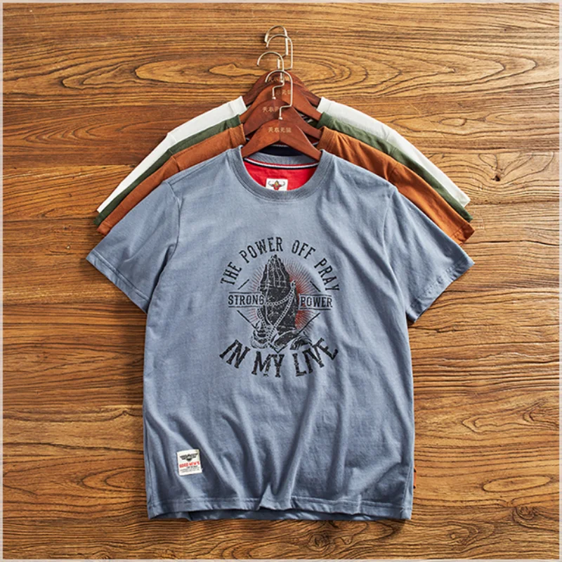 2024 Summer New American Retro Short Sleeve O-neck Letter Hand Printed T-shirt Men's Simple 100% Cotton Washed Casual Youth Tops