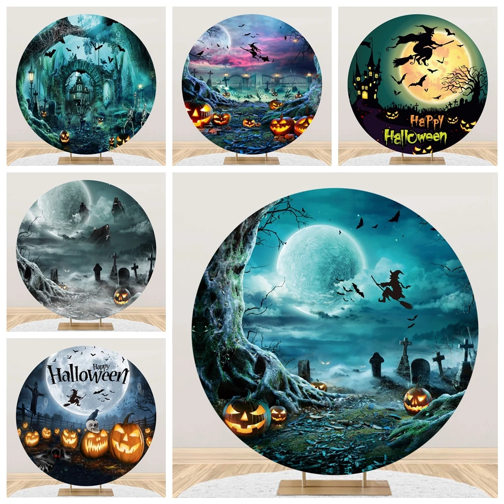 

Halloween Party Round Backdrop Cover Horror Night Moon Pumpkin Witch Castle Kids Portrait Circle Photography Background Decor