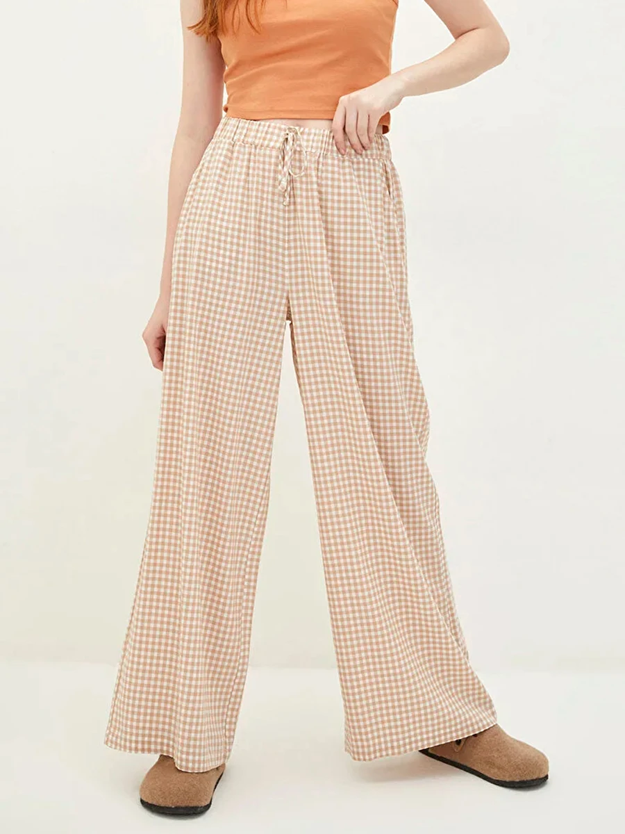 

Womens Pull On Pants Elastic Waistband Plaid Print Drawstring Wide Leg Loose Casual Trousers