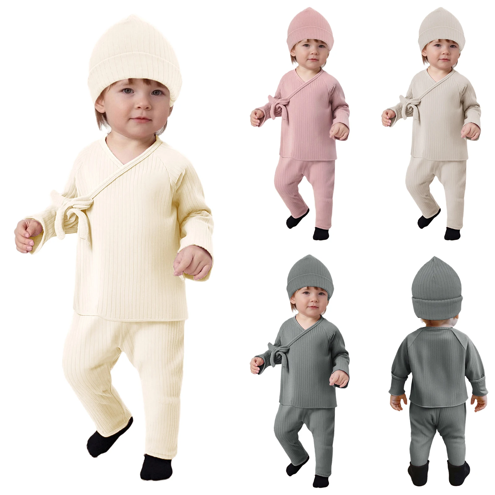 

Newborn Baby Clothes 3-Piece Take Me Home Set Striped Long Sleeve Self-Tie Top with Pants Hat Spring Autumn Home Daily Wear