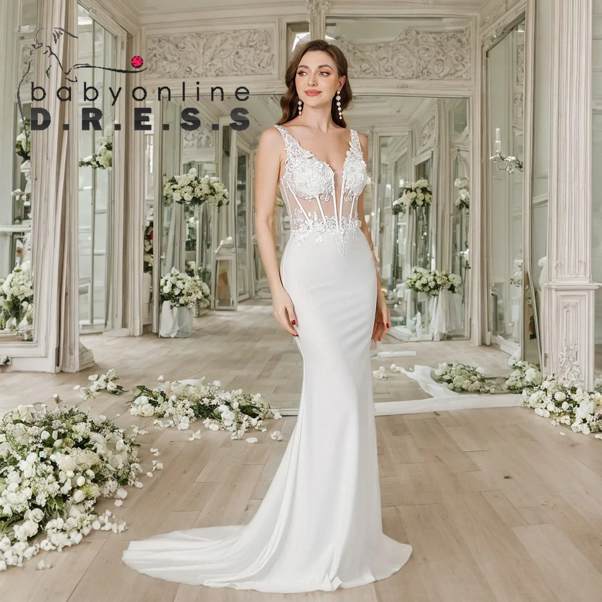 BABYONLINE In Stock Wedding Dress Beadeing On Bodice V neck Sleeveless Lace Appliques Floor Length Dress Mermaid Bride Gown 2026
