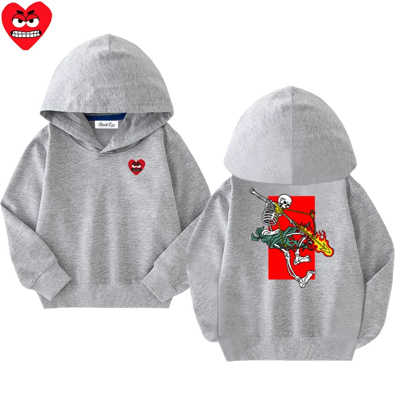 Bow and Arrow Printing Boy Girl Hoodie Cotton Cute Red Snag Heart Embroidery Thin Pullover Loose Autumn Kid Casual Hoody