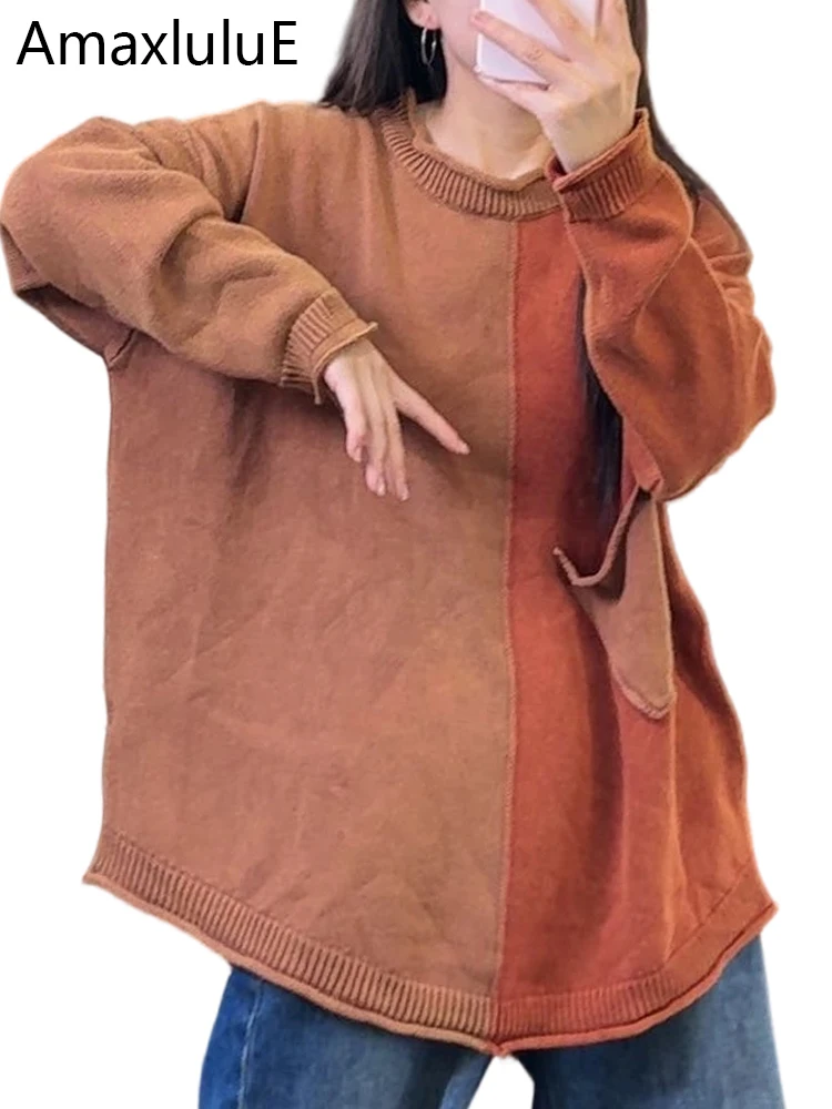 

Amax LuluE корейский зимний женский модный пуловер, свободные теплые свитера, женские классические повседневные лоскутные джемперы большого размера с круглым вырезом