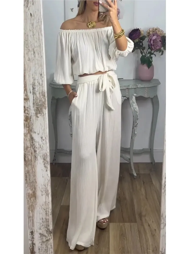 

One-shoulder Sleeveless Short Top+Lace-up Trousers Spring Summer Women's New Ruffled Solid Color Women's Suit Pants Sets
