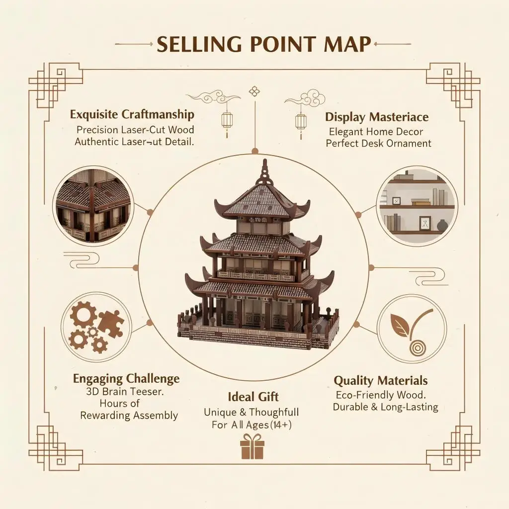 OUZEY Puzzle 3D tour chinoise ancienne - Kit de construction de maquettes architecturales en bois, projet de bricolage découpé au laser pour adultes et adolescents 14 ans +