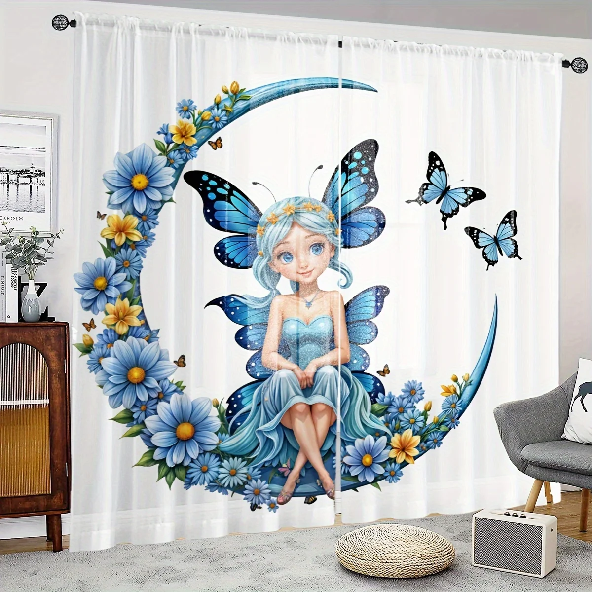 2-Piece Enchanted Forest Fairy Butterfly Sheer Curtains Rod Pocket Design For Living Room Bedroom WindowDecor Machine Washable