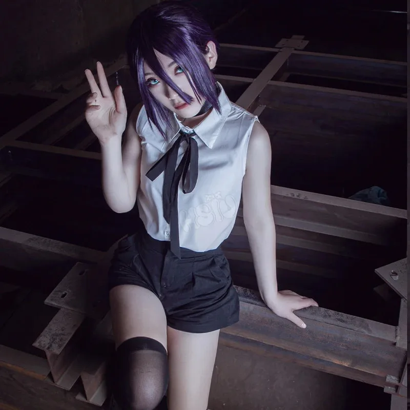 Peluca de cosplay Reze Anime motosierra hombre Cosplay HSIU pelo corto negro y morado + gorro de peluca gratis