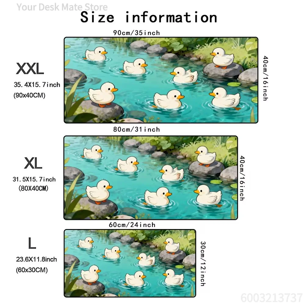 Cute Cartoon Little Yellow Duck Stream Large Mouse Pad, Green Pond Botanical Illustration Waterproof Non-Slip Kawaii Student Off