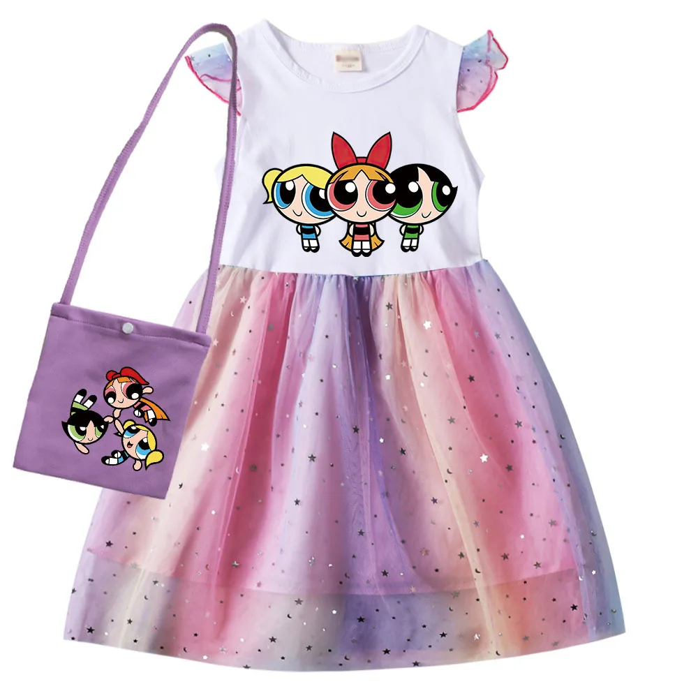 New Summer Kids Clothing P-Powerpuffing Girls Summer Dress Girl Flying Sleeve Dress with Bag Teenage Princess Costume