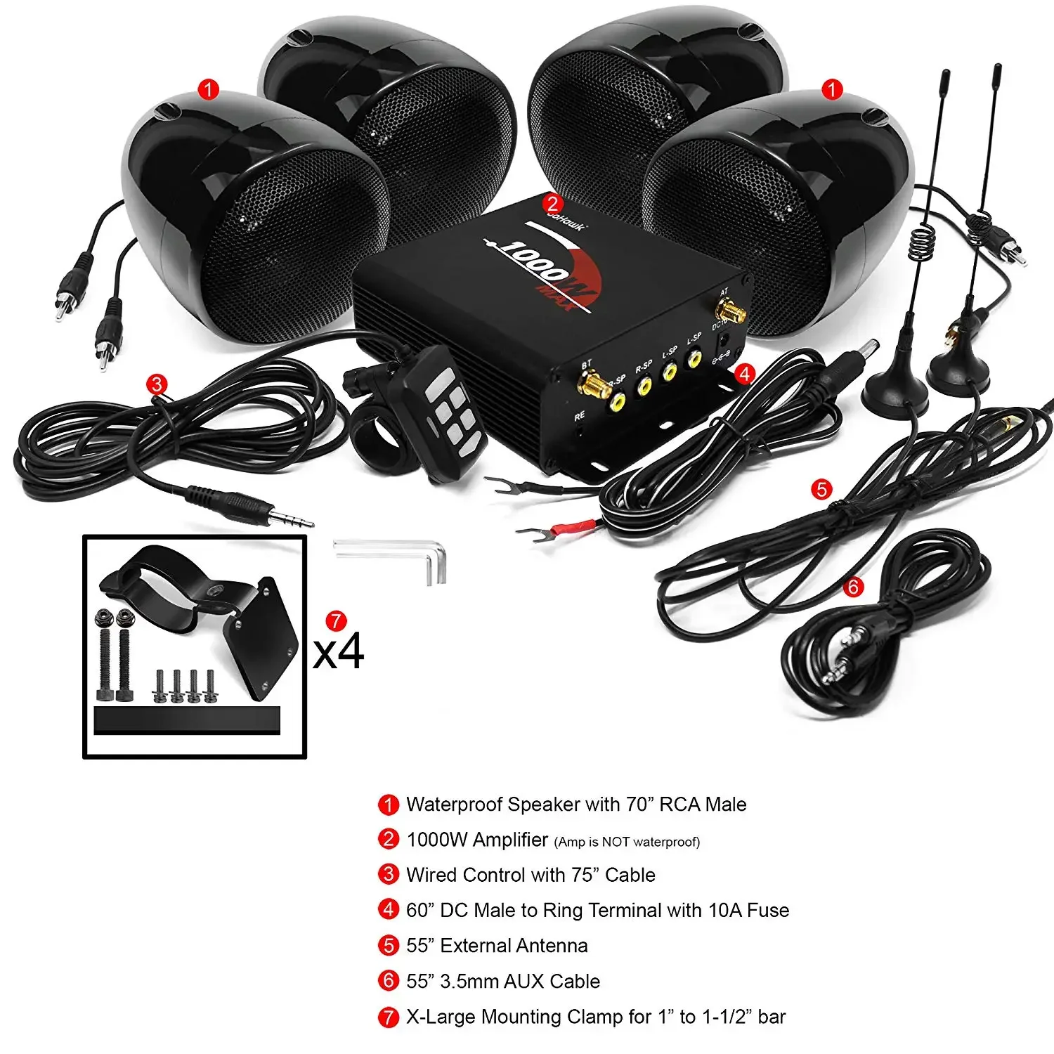 Aileap 1000W Motorcycle Audio 4CH Amplifier Boat Speakers System, Support Bluetooth, USB, AUX, FM Radio, SD Card, Wired Control image 2