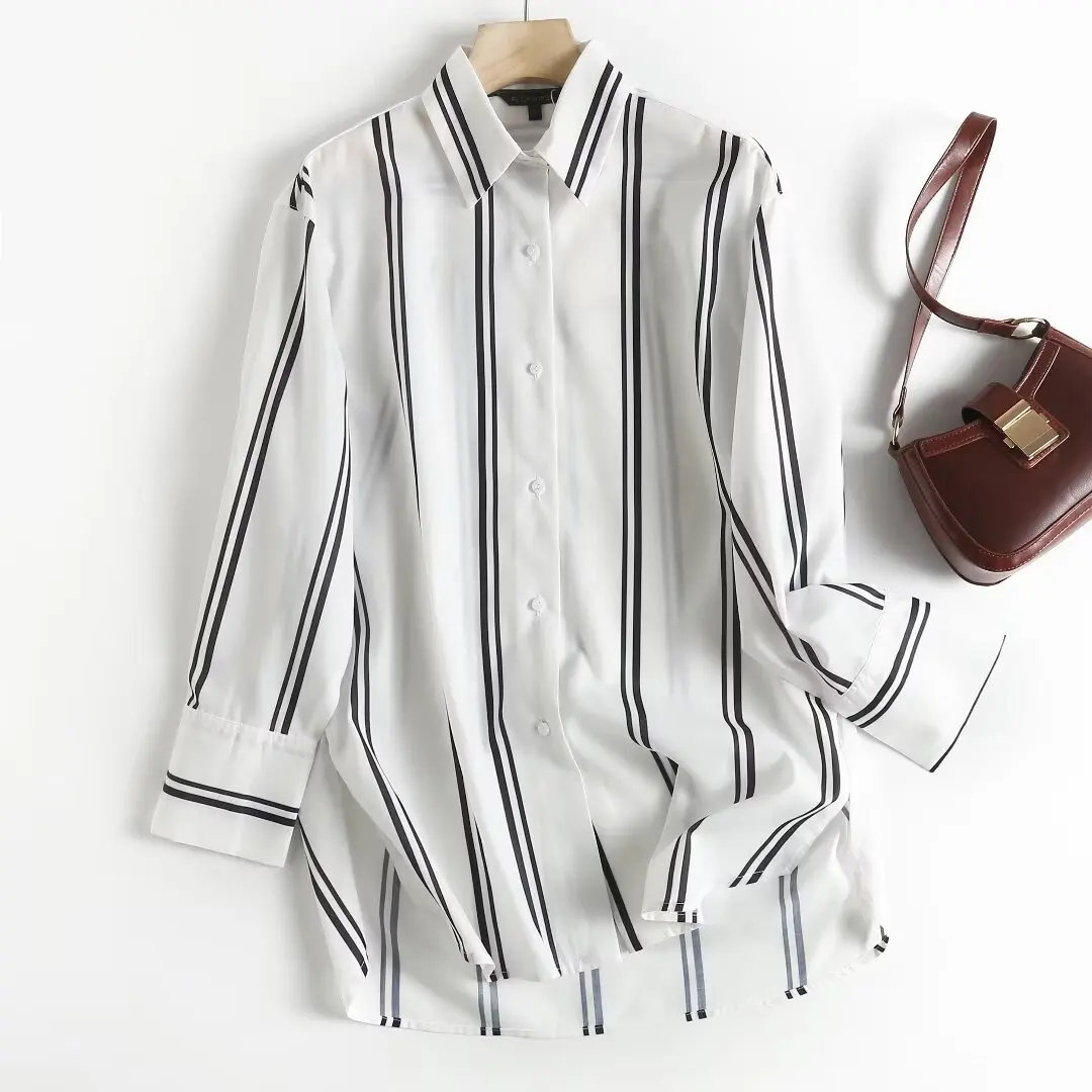 

Women 2023 New Fashion Summer Casual Long Sleeve Double Stripe Shirt Vintage Button All-Match Chic Female Shirts Blusas Tops