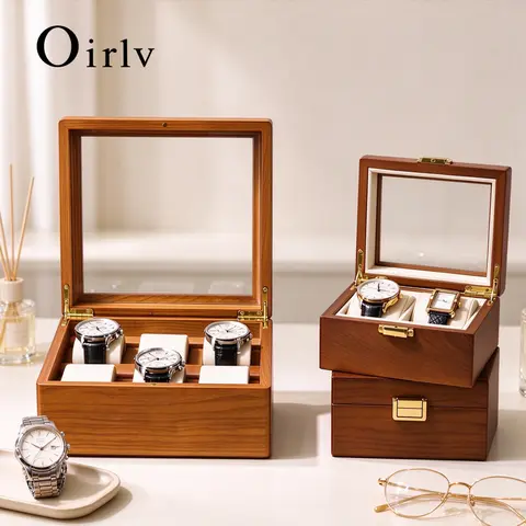 Oirlv Luxury Wood Watch Storage Box with Clear Glass Cover Multi Compartment Wristwatch Display Case Collection Box for Men Gift