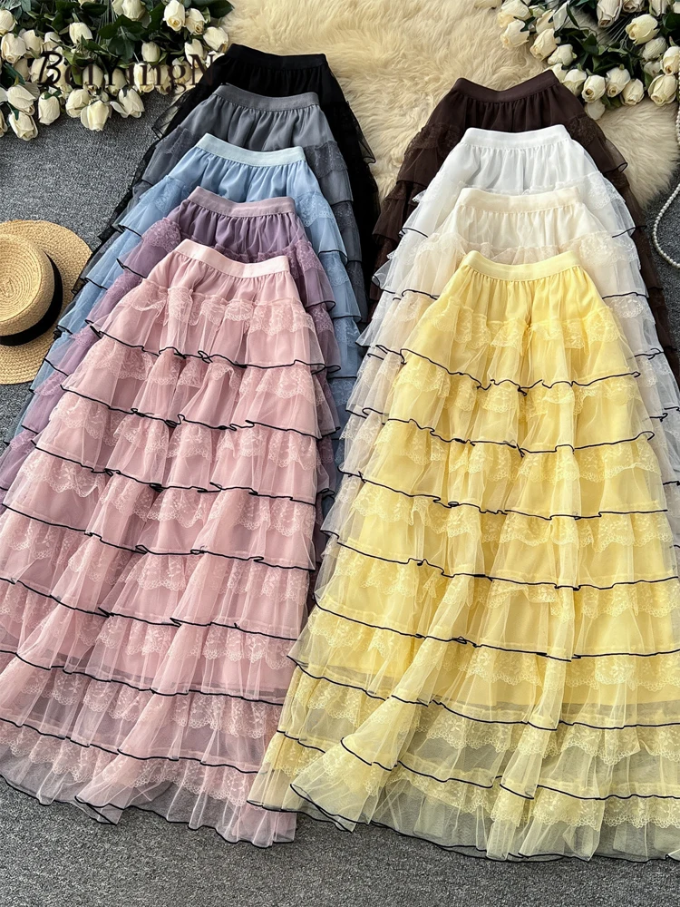 Beiyingni Autumn Sweet Tutu Skirts for Women Fashion Trendy Ruffles Tiered Long Cake Skirt Feminine Hotsweet Senior Classy Skirt