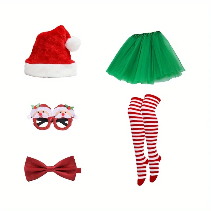 

Christmas Costume Set Santa Hat Tutu Skirt Striped Tights Glitter Frame Christmas Glasses for Women