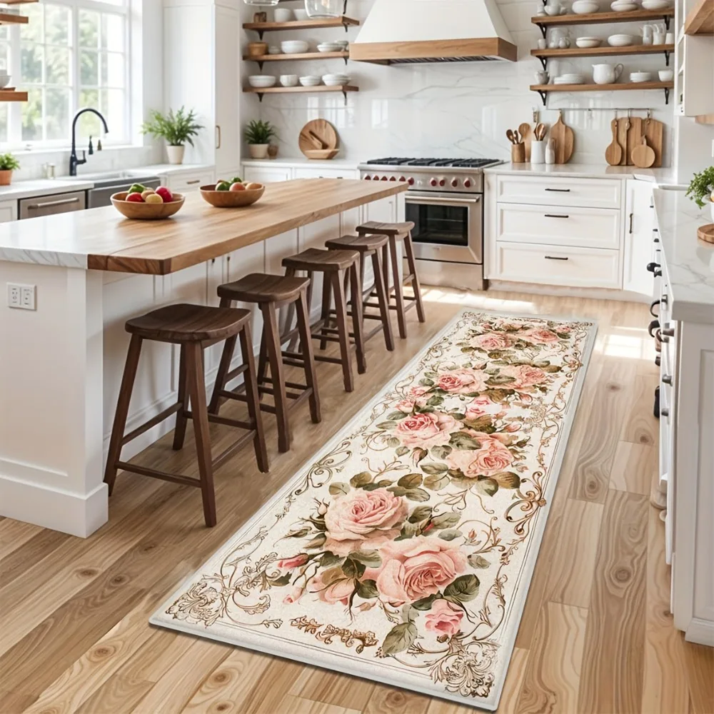 Floral Vintage Carpet Rug Home Decoration Boho Cottage Runner Floor Mat Living Room Hallway Bedroom Blue Grey Rose Rugs