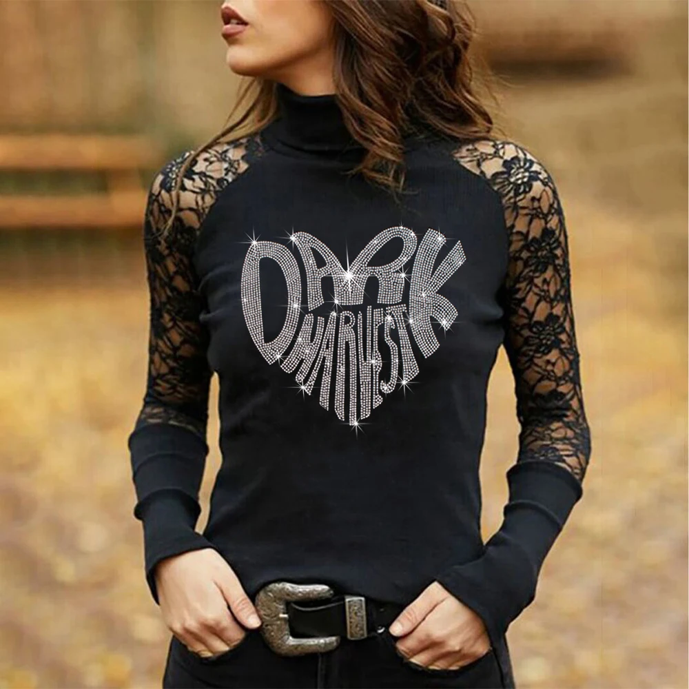 

New Letters Hot Drill Print Ladies T-Shirt Fashion Solid Lace Sexy Women TShirt Y2k Gothic Tee Long Sleeve Office Clothing Tops