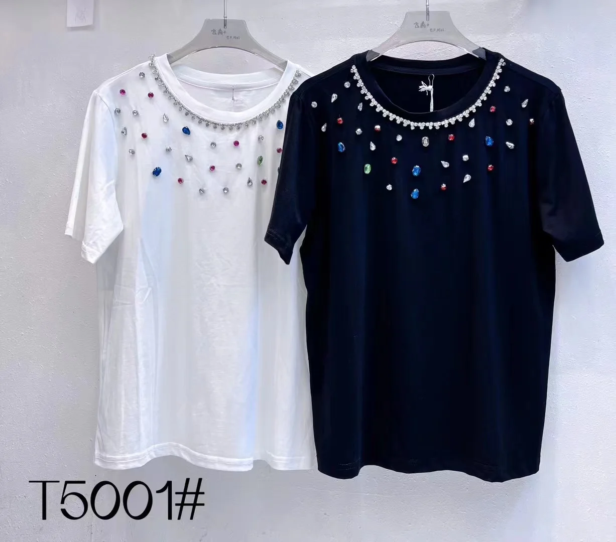 Luxury Colorful Rhinestones Short Sleeve Modal Cotton Tshirt For Women Summmer Slim T Shirt Tops Tees Korean Popular Clothes