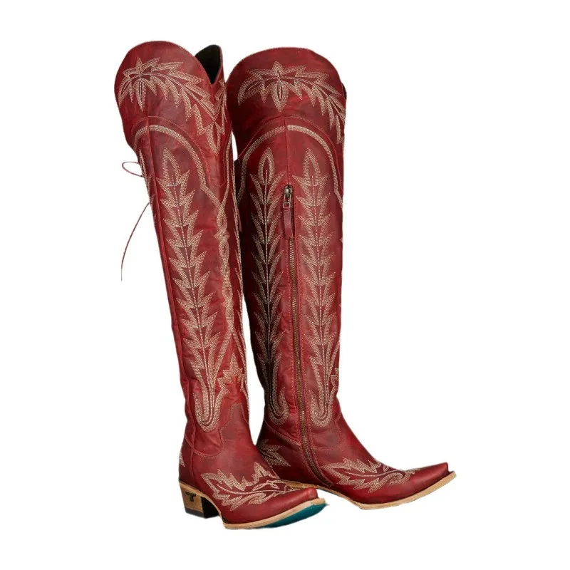 

European and American Women's Retro Side Zipper Western Knee High Boots, Autumn and Winter Versatile Embroidered Knight Boots