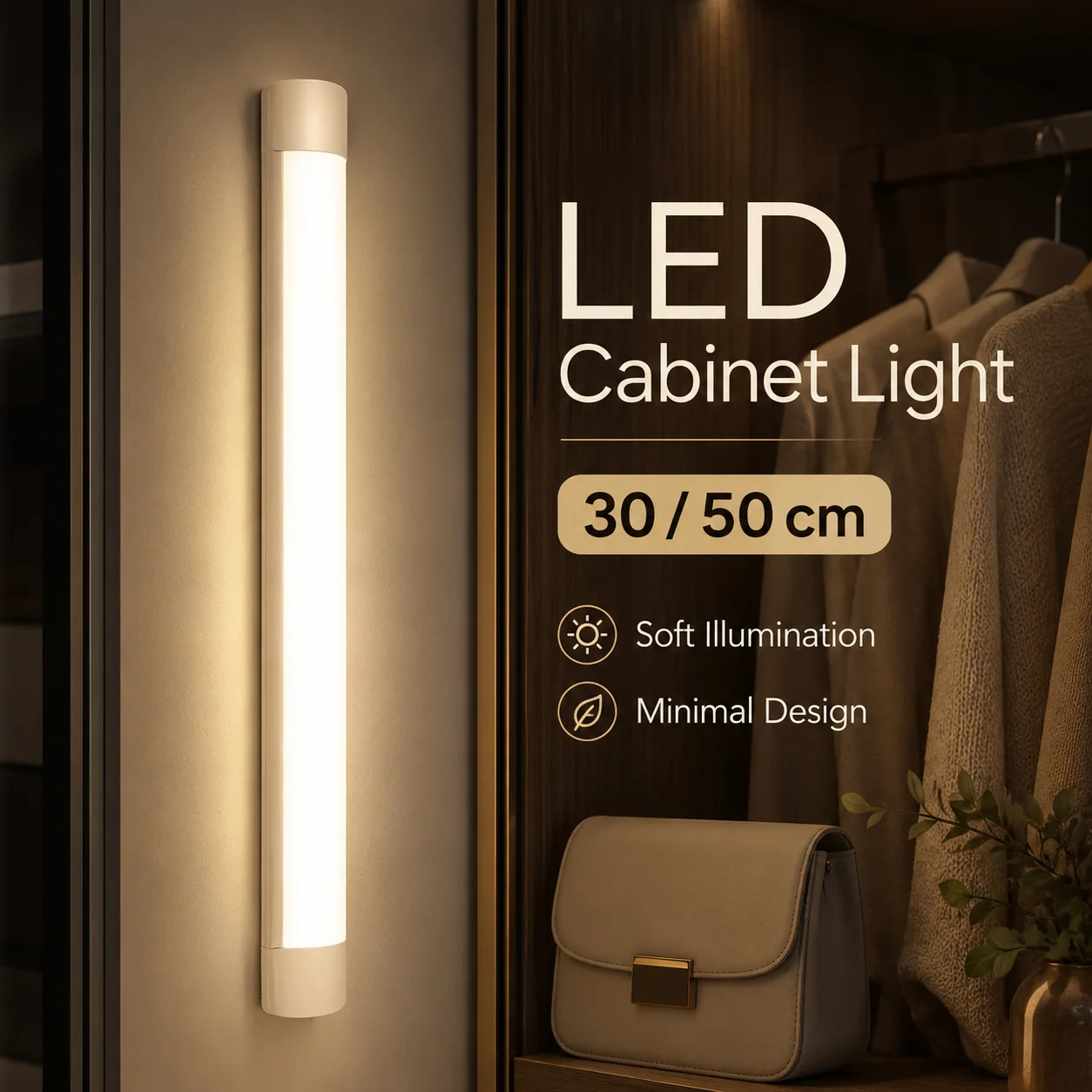 Luminária de LED para Armário 220V 30/50cm, Tubo de Luz para Teto e Parede Interna, para Cozinha, Armário, Guarda-Roupa, Quarto, Bar, Decoração com Tubo de LED