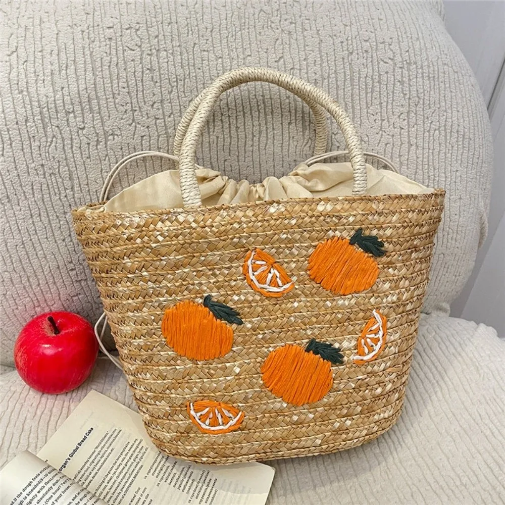 

Embroidery String Straw Tote Bags Bohemian Style Sweet Casual Fruit Embroidery Bags New Design Coconut Tree Design Bucket Bag