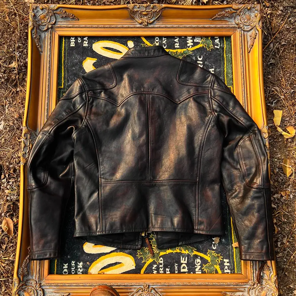 Poison tea horse leather core garment washed do old Tom hardy classic American retro collar short paragraph