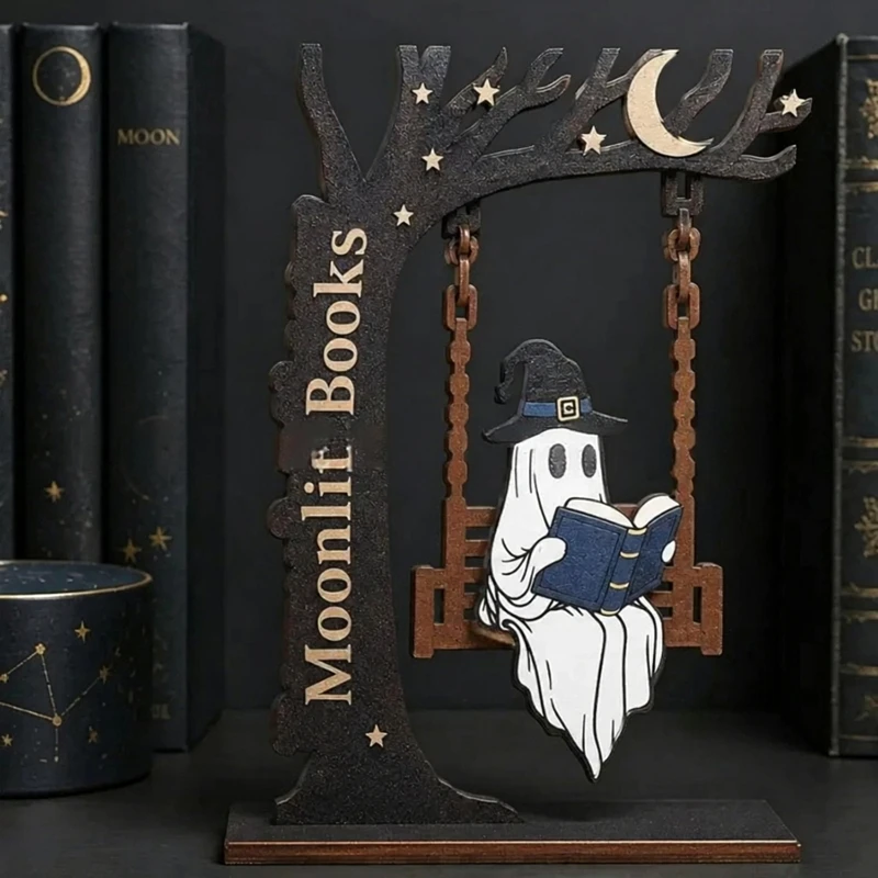 Reading Ghost on Swing Wooden Figurine Hand Carved Statue Spooky Bookshelf Ornament for Halloween Home Decor Study Room Desk
