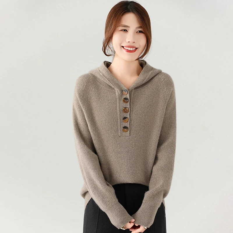 100% Cashmere Women Sweater Pullover Hoodie Long-sleeves Button Winter Thickening Warm Knit Tops 2024 New