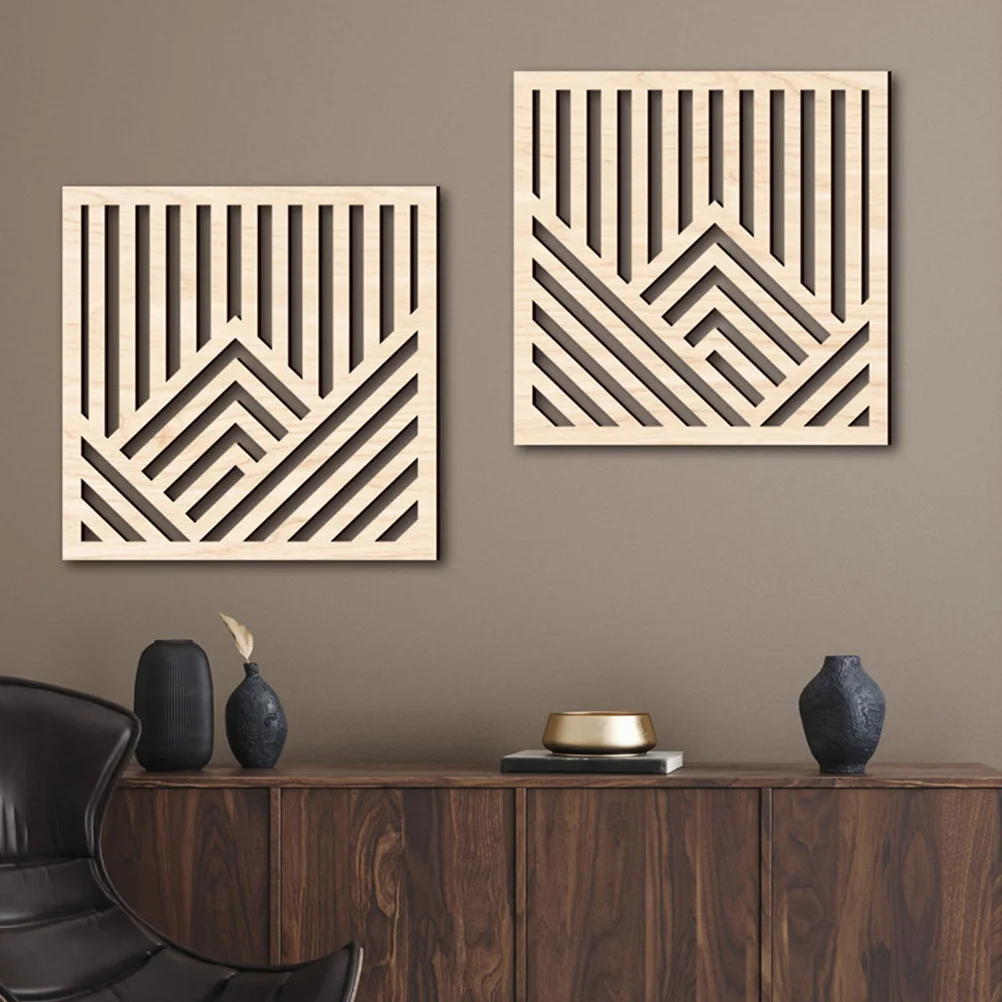 2pcs 3D Wooden Hollow Line Wall Sticker Pendant Abstract Wall Decor Carved Geometric Wall Craft Wall Panel Decor Wall Decor