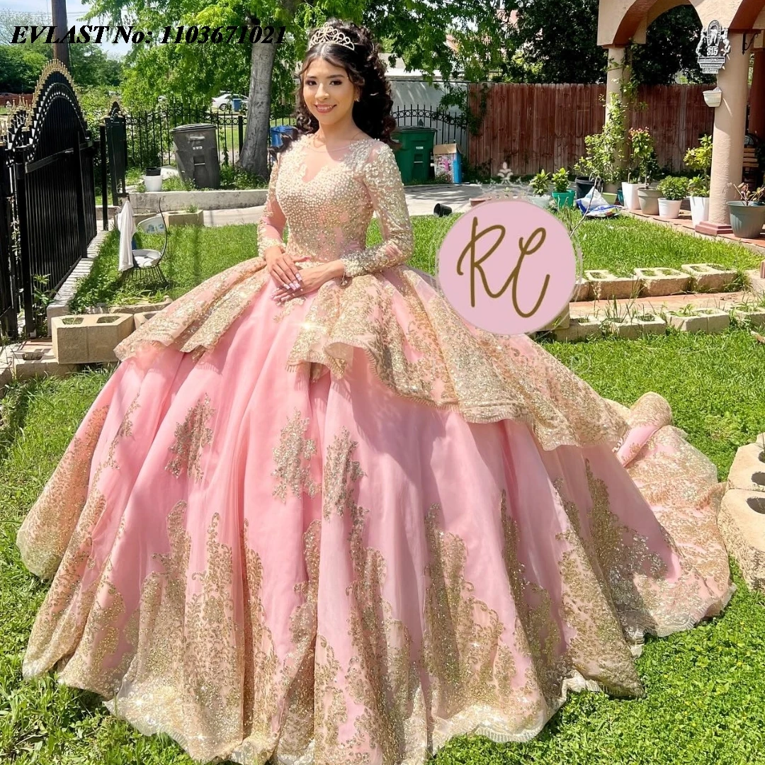 EVLAST Sparkly Pink Quinceanera Dress Ball Gown Long Sleeve Gold Lace Applique Beading Tiered Sweet 16 Vestidos De Anos SQ354