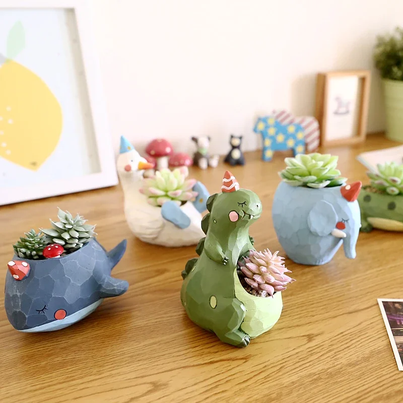 Cute Animals Flower Pots for Succulents Plants, Dinosaur Elephant Planters, Fairy Garden Pots Ornaments Home Desktop Decoration