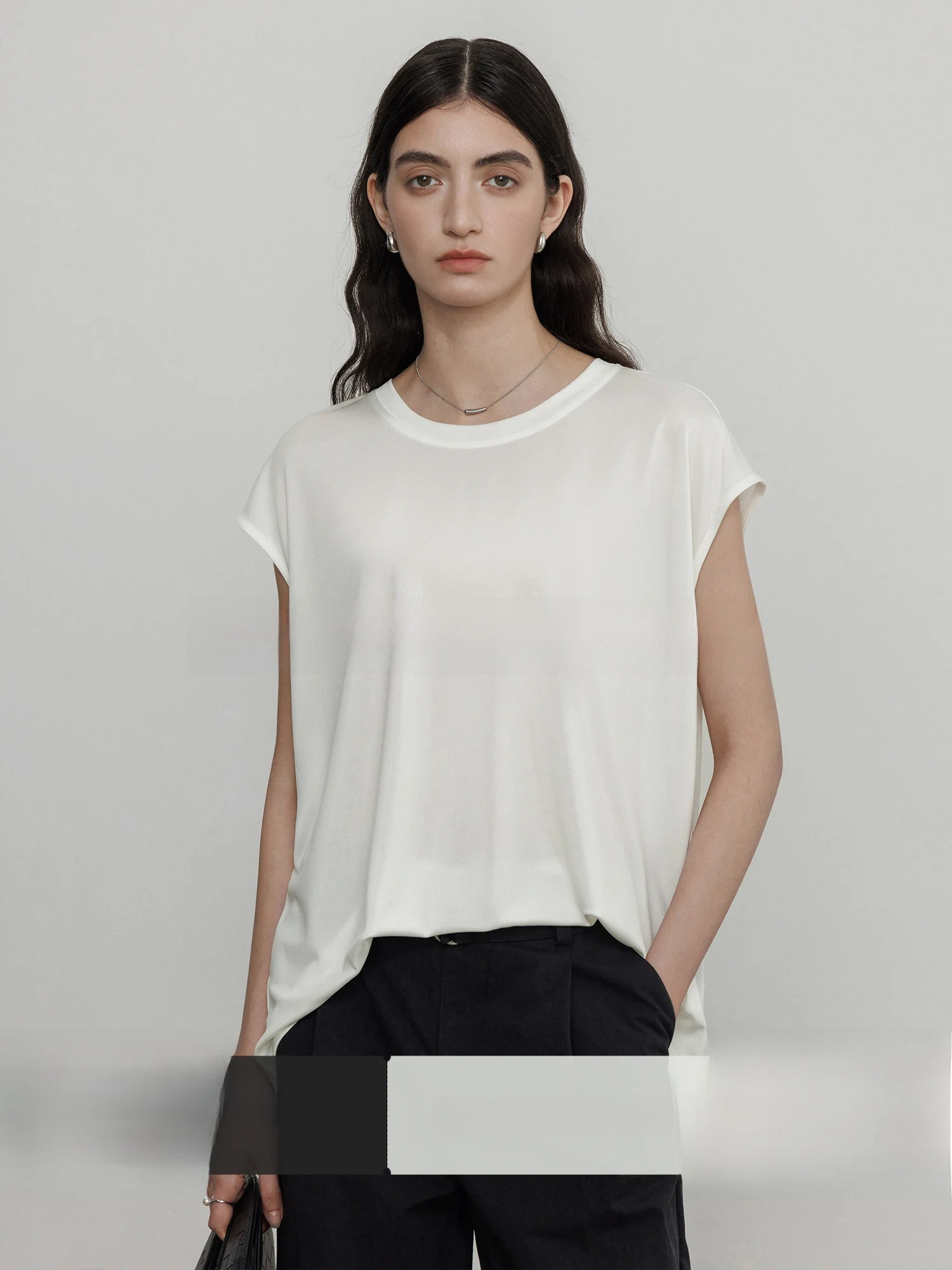 

White Loose Short Sleeve round Neck T-Shirt Women's Summer New Style Casual Acetate Fiber Ladies Top Chicjre Cool Sensation