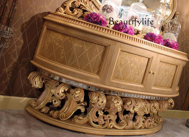 Luxury villa dining room furniture, solid wood carving flower European-style entrance cabinet, luxury dining side storage