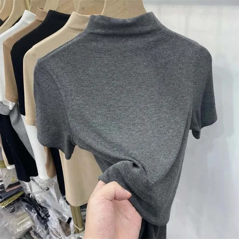 Threaded Short Sleeves Women T-shirts Summer New 2023 Turtleneck Solid Slim Elastic Long-sleeved Female Buttoming Pulls Top Tees