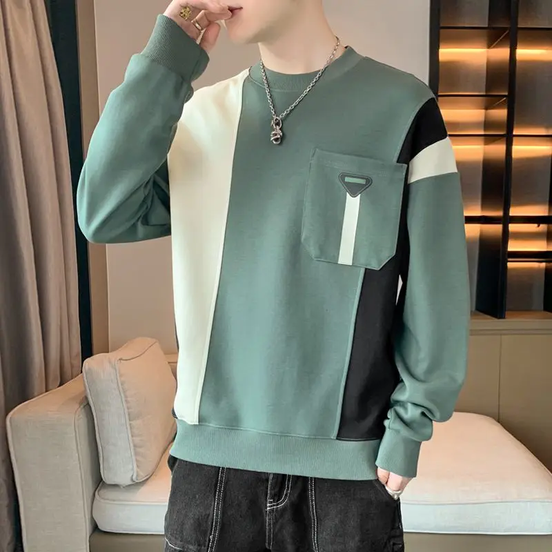 

Contrasting Colors Spliced Sweatshirts Spring Autumn Casual O-Neck Men's Clothing Pockets Chic Young Style Long Sleeve Hoodies