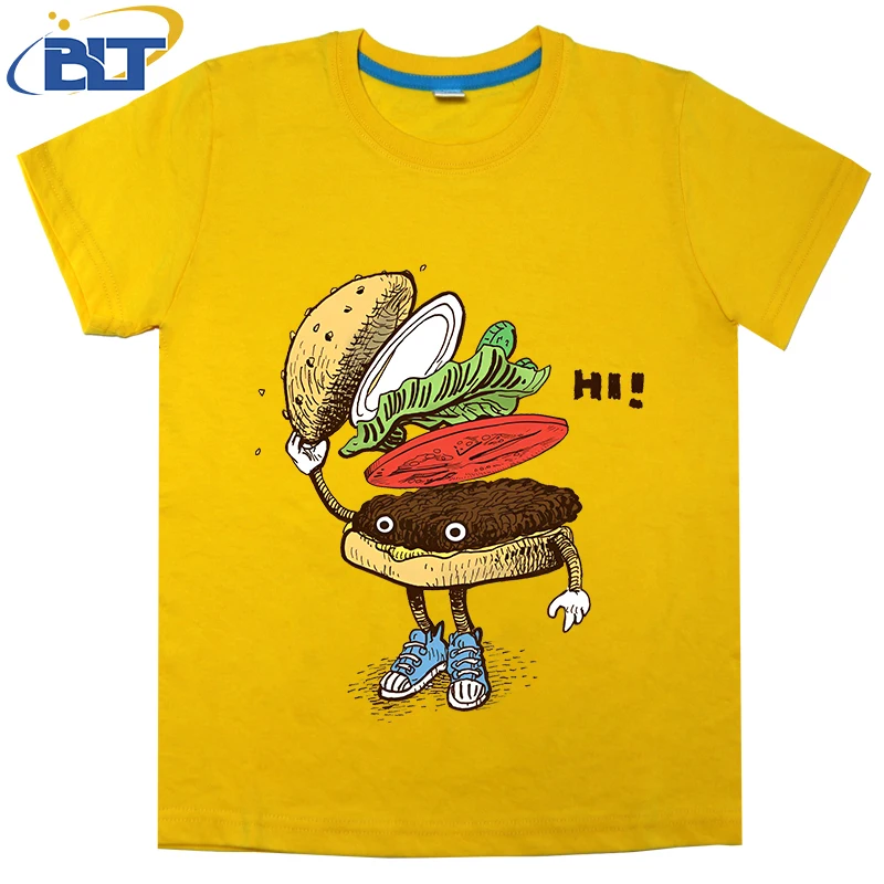 Burger Greeting printed kids T-shirt, summer cotton short-sleeved casual top, suitable for both boys and girls