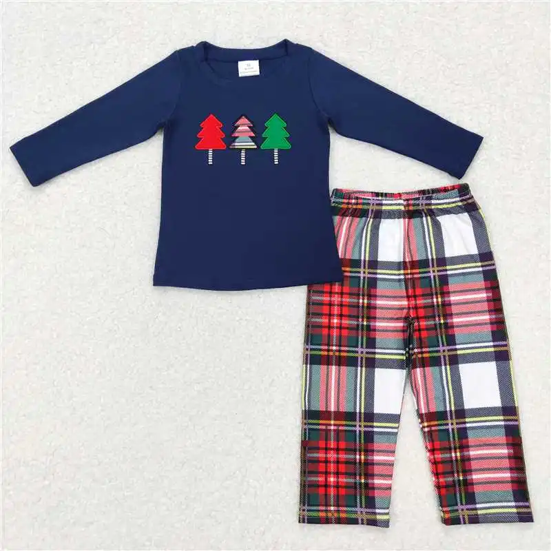 Winter Toddler Baby Boys Christmas Tree Blue Long Sleeve Green Plaid Pants Suit Wholesale Boutique Children RTS