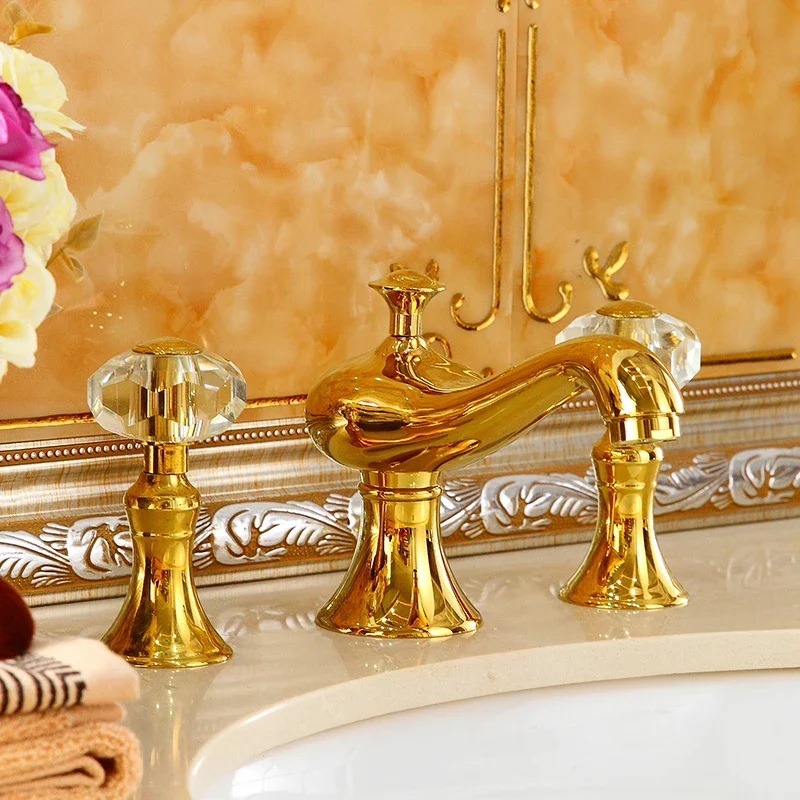 

Gold brass basin Hot and cold faucet Bathroom washbasin Three-hole faucet Undercounter basin