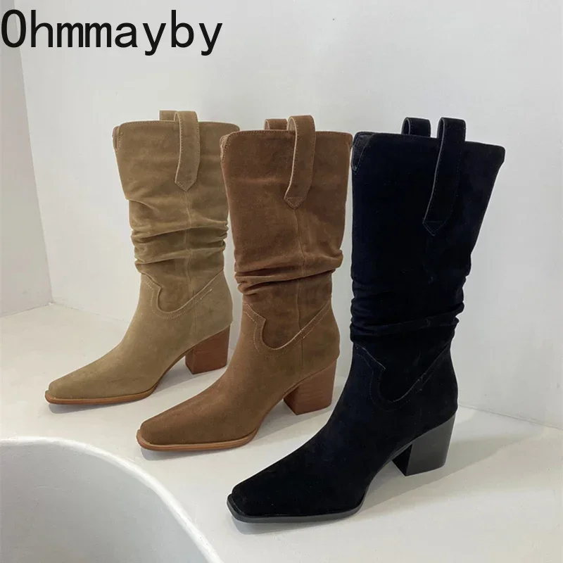 Vintage Suede Women Western Cowgirl Boots Fashion Slip On Shoes Autumn Winter Thick Heel Ladies Mid Calf Booties