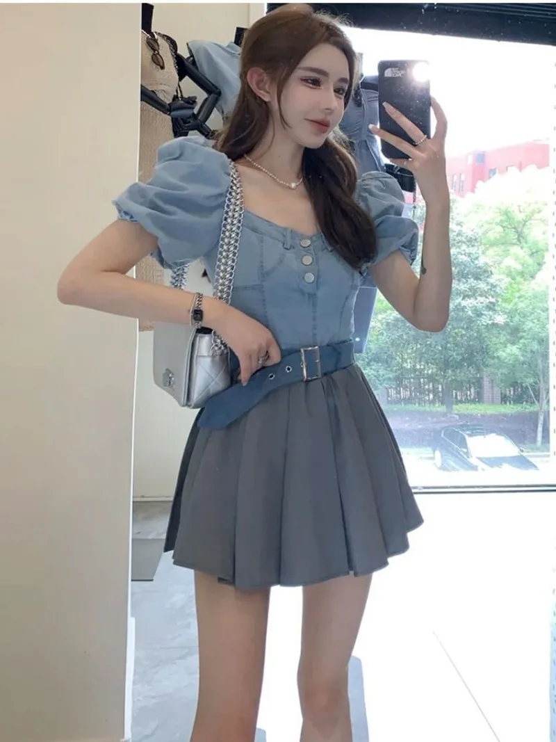 

Korean Sweet Denim Top Pleated Skirt Two-piece Set Women Bubble Sleeves Collarbone Solid Fashion Gentle Slim Summer Chic Suit